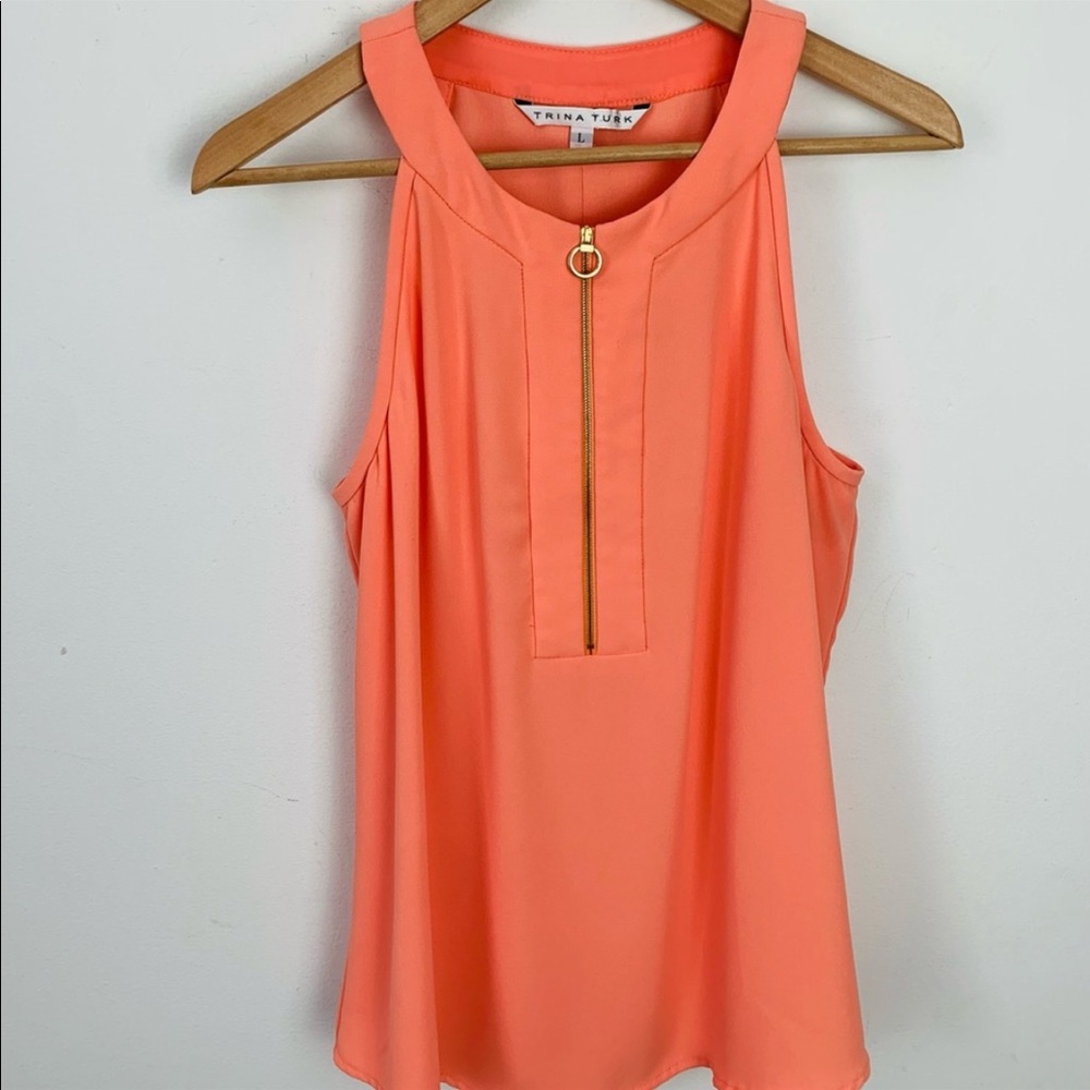 TRINA TURK ~Size L Peach Zip Front Tank Top ~Gold Zipper Detail ~